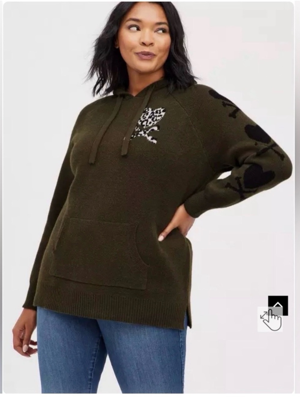 Olive Knit Hoodie Sweater with Heart Sleeve Detail - Picture 1 of 5